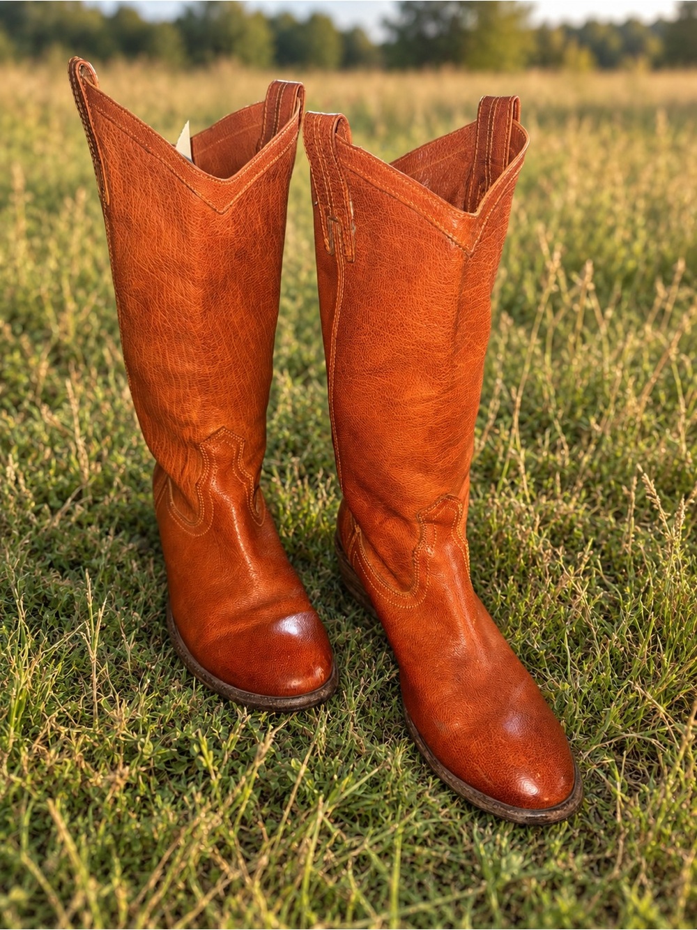 Frye Carson pull-on western boots women’s 9 leather cowboy mid-calf brown tan